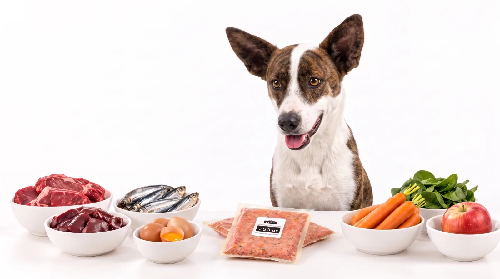 Perro frente a una mesa con tazones de ingredientes frescos y un paquete de comida BARF Realkan