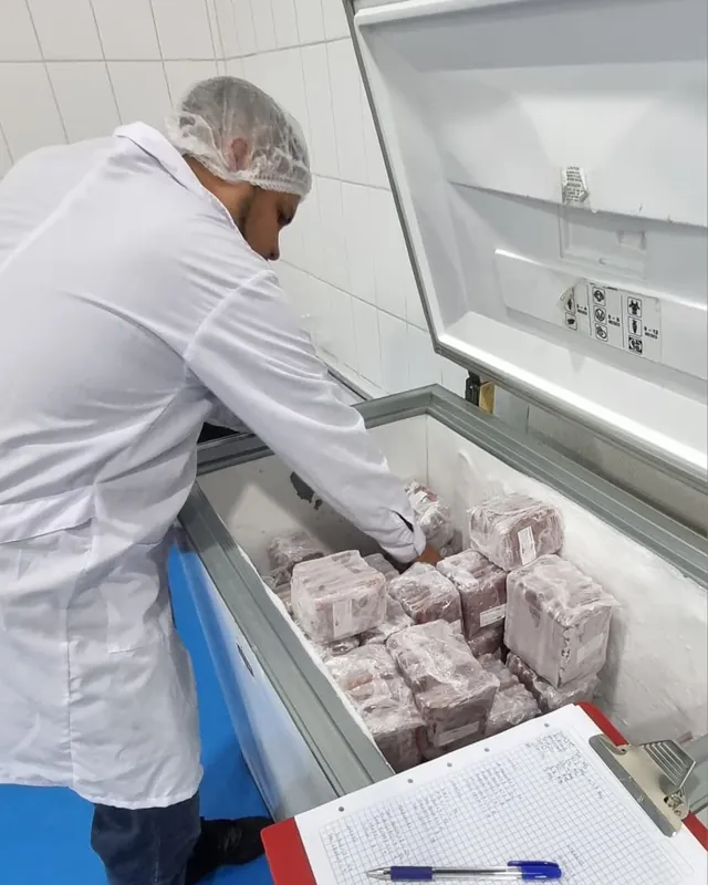Trabajador acomodando bloques de comida en un congelador horizontal.