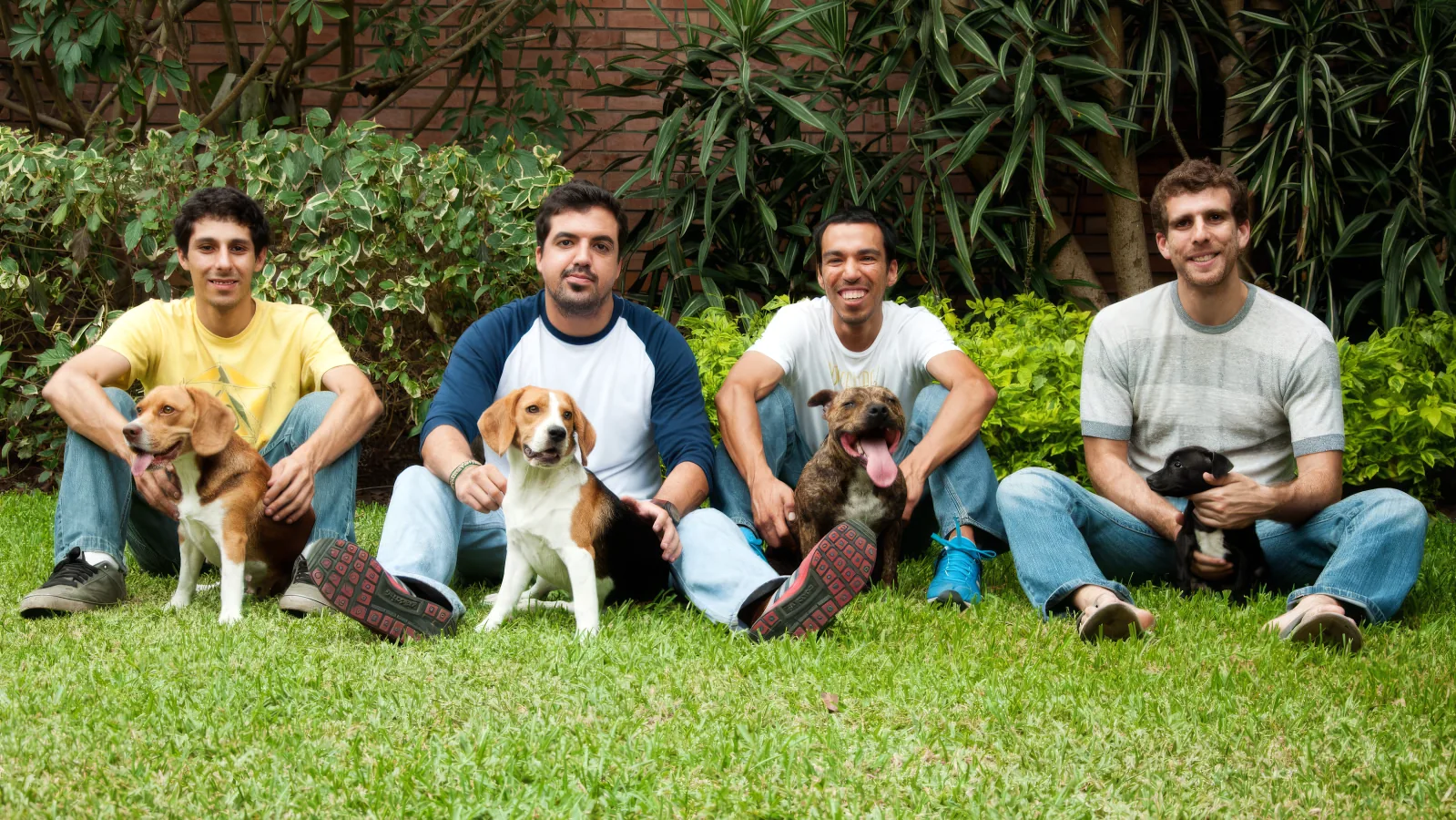 Cuatro amigos sentados en el pasto, cada uno con su perro: dos beagles, un atigrado y un cachorro negro.