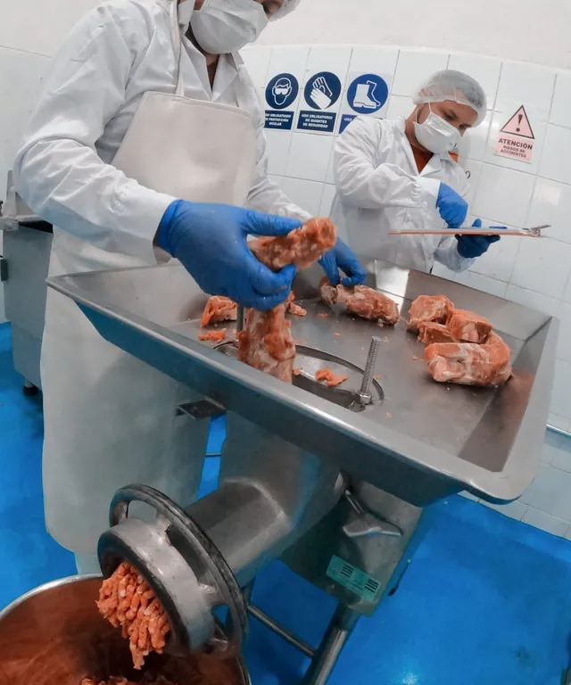 Dos personas con guantes y mascarilla moliendo carne en una moledora de acero inoxidable.